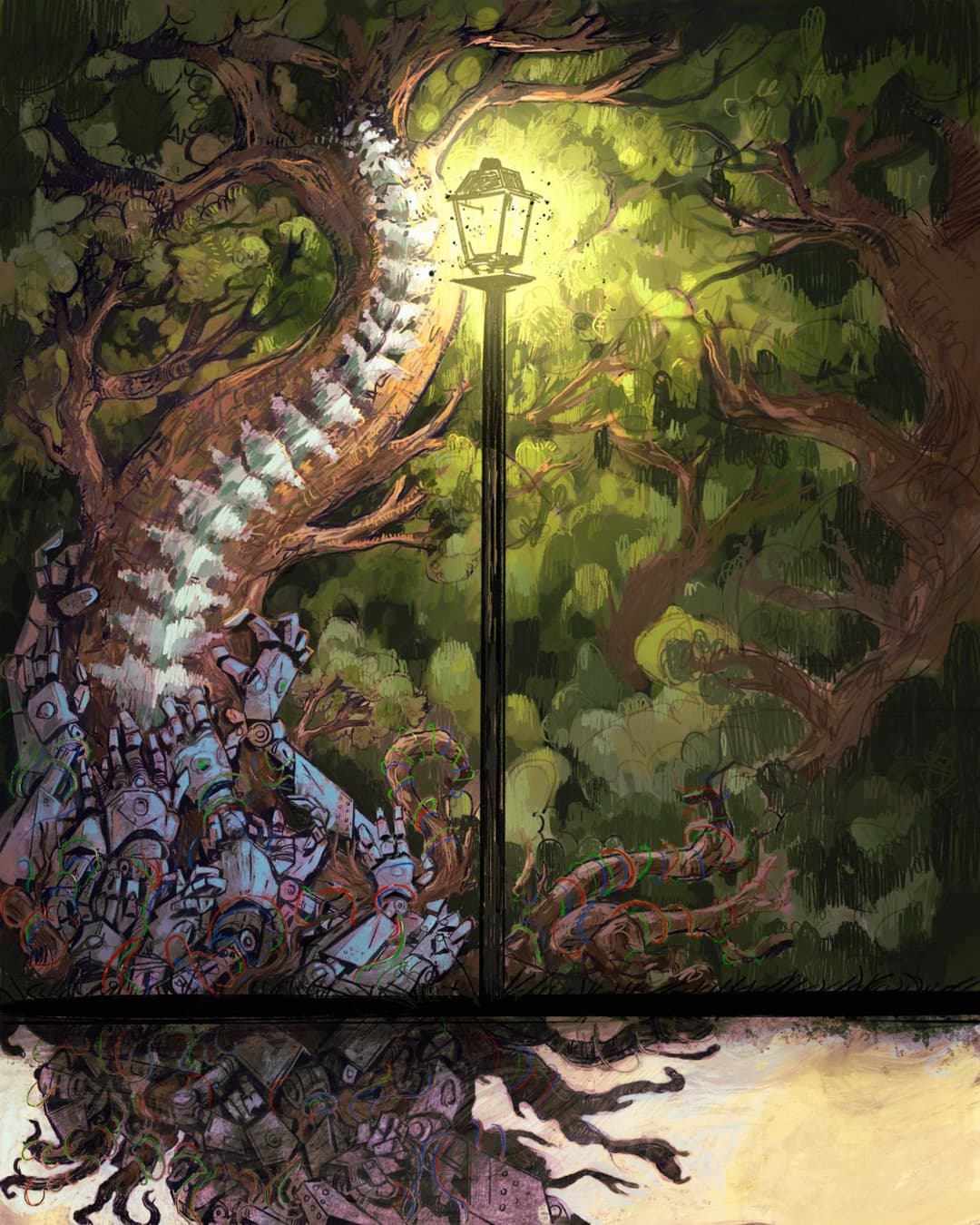 An illustration showing a blend of nature and technology, with a hand gently interacting with a plant.
